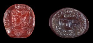 Perské umění: camee of Kavadh I (nebo Qobad, Kobad, Kabad) (488-496 AD), král druhé perské říše a achátové razítko z období Sassanid. 5. nebo 6. století našeho letopočtu. Paříž, B.N. od Persian School