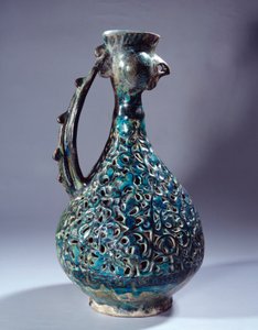 Perské umění: keramický akvamarín s kohoutí hlavou a dekoracemi inspirovanými stromem Waq Waq. Z Kashanu. Paříž 13. století, muzeum Louvre od Persian School