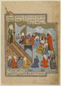 Prorok Muhammad káže po bitvě u Příkopu, kolem roku 1590 od Persian School