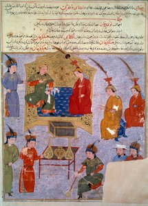Reprezentace Houlagou Khan (1217-1265), je vnukem perské miniatury Čingischána převzaté z „“Jami al-tawarikh““ (Jami al-tawarikh) nebo „“Univerzální historie““ od historika Rashida al-dina (al. din) (1247-1318) Kolem roku 1430. Paris, B.N. od Persian School