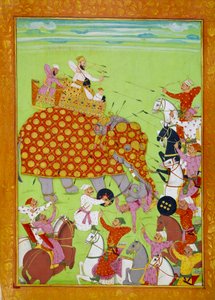 Reprezentace Murada (Mourada) Bakshe (1624-1661), syna mughalského císaře Shah Jehana (nebo Shah Jehan, Shahjehan) bojujícího na slonovi. Perská miniatura 17. století Paříž, B.N. od Persian School