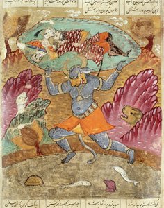 Rostam nese Akwan-Diwa, ilustrace z Shahnamy (Knihy králů) od Abul-Qasima Manura Firdawsiho (c.934-c.1020) 1619 od Persian School
