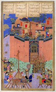 Rustam režírující The Siege of Gang Bihisht, ilustrace z Shahnama (Kniha králů), Abul-Qasim Manur Firdawsi (c.934-c.1020) c.1440-45 (pero, inkoust a wc na pergamenu) od Persian School