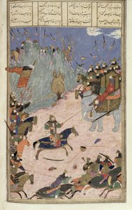 Rustam táhne Khaqana ze svého slona, ilustrace z Shahnamy (Kniha králů), od Abul-Qasima Manura Firdawsiho (c.934-c.1020) c.1440-45 (pero, inkoust a wc na pergamenu) od Persian School