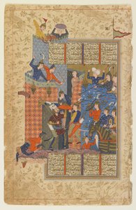 Rustam a jeho muži zaútočí na Afrasiyabův palác ze Shahnamy od Persian School