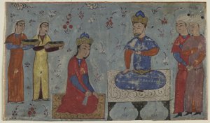 Sindukht before Sam (neprůhledný akvarel, inkoust a zlato na papíře) od Persian School