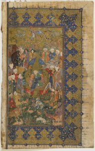 Solomon na trůn z Khamsa (kvintet), kolem 1560 (neprůhledný akvarel, inkoust a zlato na papíře) od Persian School