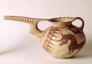 Tryskající nádoba s dekorativními vzory symbolizujícími slunce a měsíc, ze Sialku, Írán, 1. tisíciletí před naším letopočtem (hlína) od Persian School
