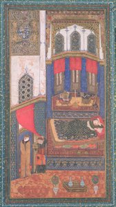 Tahmina přichází do Rustams Chamber, ilustrace z Shahnamy (Knihy králů), od Abul-Qasima Manura Firdawsiho (asi 934-c.1020), z Heratu, Afghánistán, asi 1410 (neprůhledné wc a zlato na papíře) od Persian School