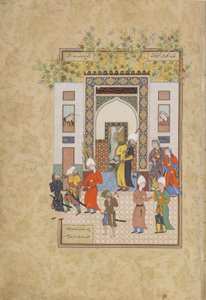 Malý svědek svědčí o Yusufově nevinně, folio z Haft awrang (Sedm trůnů) od Jamiho († 1492) pravděpodobně Mashad, Khurasan, Írán, dynastie Safavid, 1556-1565 (inkoust, neprůhledný akvarel a gol