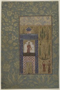 Dva mladíci před princeznou u okna, kolem 1417-18 (neprůhledný akvarel a zlato na papíře) od Persian School