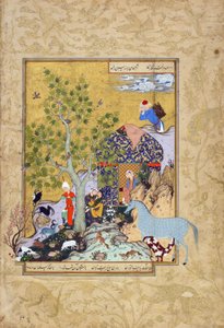 Yusuf se stará o svá stáda, folio z Haft awrang (Sedm trůnů) od Jamiho († 1492) pravděpodobně Mashad, Khurasan, Írán, dynastie Safavidů, 1556-1565 (inkoust, neprůhledný akvarel a zlato na papíře)