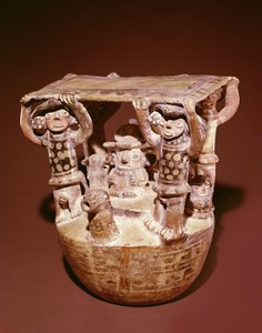 Božstvo na trůnu s baldachýnem podporovaným dvořany, Recuay Culture (keramika) od Peruvian School