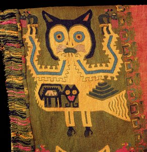 Vlněná figurka jaguára, kultura Paracas, cca 1500 př. n. l. (textil)