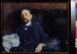 Portrét spisovatele Antona Čechova (1860-1904) (Portrét autora A. Čechova). Obraz Pyotr Alexandrovič Nilus (Pierre Nilous) (Nilouss) (1869-1940/1943), olej na plátně