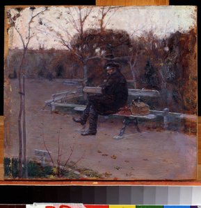 Na Boulevardu (Na Boulevardu). Muž sám, sedící na lavičce v mrazu, blízko něj, batoh a skříňka na nářadí. Obraz Pyotr Alexandrovič Nilus (Pierre Nilous) (Nilouss) (1869-1940/1943), olej na plátně