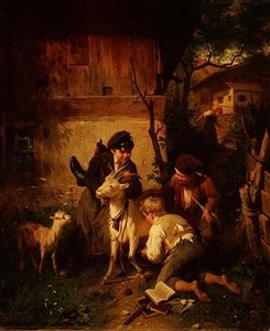 Chlapci si hrají s kozou