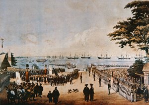 Komodor Perry přistává v Japonsku, aby se setkal s císařskými komisaři v Jokohamě, 8. března 1854