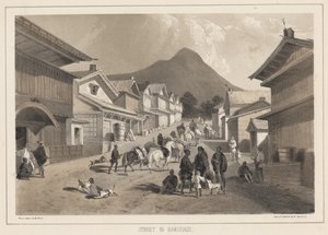 Ulice v Hakodadi, litho od Sarony und Co., 1855 (chromolitho)
