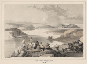 Pohled z ostrova Webster, Yedo Bay, litografie Sarony und Co., 1855 (chromolitografie)