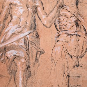 Dvě studie stojícího muže s mečem Alexandra Velikého, verso: Studies..., ca. 1601. od Peter Candid