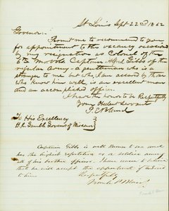 Dopis podepsaný P.E. Bland, St. Louis, HR Gamble, guvernér Missouri, 22. září 1862 od Peter E. Bland