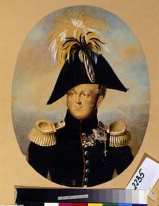 Portrét cara Alexandra I. Pavloviče (1777-1825) (Portrét císaře Alexandra I.) s různými čestnými vyznamenáními, včetně kříže s černozlatou stuhou, císařského a vojenského řádu svatého Jiří (1. vlevo), stuha kříž r od Peter Ernst Rockstuhl