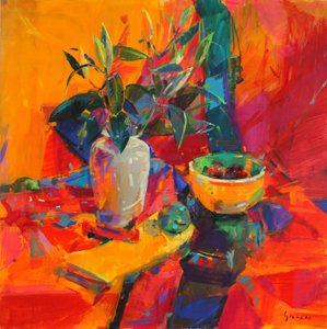 Lilie na červeném podkladu, 2012 od Peter Graham (Contemporary)