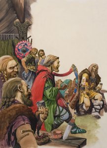 Alfréd (849-899) v převleku za minstrela v táboře krále Guthrama (kvaš na papíře) od Peter Jackson