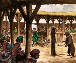 V medvědí jámě davy jásaly, když byli psi vpuštěni, aby zaútočili na připoutané medvědy (kvaš na papíře) od Peter Jackson