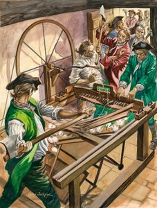 Dělníci zaútočí na dům Jamese Hargreavese v Blackburnu, aby zničili jeho vynález, spinning Jenny. od Peter Jackson