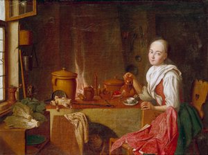 Dáma v kuchyni Mladá žena sedící na kávě před krbem. Obraz Petera Jacoba Horemanse (1700-1776) (ec.flam.) Mnichov 18. století. Alte Pinakothek