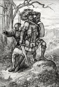 Vévoda Leopold I. Rakouský, lord Habsburský zachraňuje jedním ze svých společníků v bitvě u Morgartenu dne 15. listopadu 1315 proti švýcarským konfederacím ve Švýcarsku (bitva u Morgartenu dne 15. listopadu 1315, Leopold I., vévoda rakouský zachráněn voják od Peter Johann Nepomuck Geiger