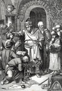 Císař Karel Veliký (742-814) zakladatel školního setkávání dětí“ (Císař Karel Veliký se setkává s dětmi, jeho zájem o vzdělání a učení a mecenášství učenců způsobily, že je považován za patrona škol) Kresba a la pero pneumatiky o od Peter Johann Nepomuck Geiger