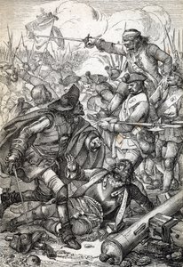 Velká severní válka: „“ Bitva o Poltavu (nebo Pultawu) mezi Armee Petra I. Ruského a vojsky Karla XII. Švédska, 8/07/1709““ (Velká severní válka: Bitva u Poltavy, 8. července 1709 ) Kresba peří z „“ Historische Memorabilian des od Peter Johann Nepomuck Geiger