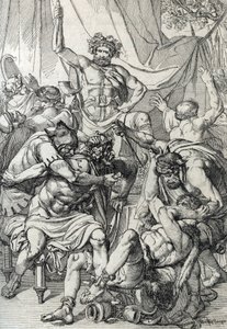 Heptarchie: „“ Reprezentace anglosaského vůdce Hengista (5. století) zabila své nepřátele, aby během invaze Brittanie zabily Království Kentu, cirky 461 “(Saské heptarchie: anglosaský vůdce Hengist (nebo Hengest) zabil své nepřátele. 461 CA) FEA od Peter Johann Nepomuck Geiger