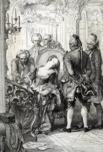 Královna Caroline Mathilde (Caroline-Mathinde) z Dánska (1751-1775) byla nucena podepsat rozvodové dokumenty po jejím mimomanželském dobrodružství v roce 1772 (královna Dánska Caroline Matilda v dubnu 1772 podepsala rozvodové papíry v dubnu 1772)