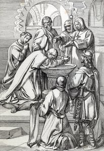Zastoupení svatého Augustina z Canterbury (zemřel 604), vyslaného do Anglie papežem Gregoirem Velikým v roce 596, aby obrátil Anglosasy - Je zde před Ethelbertem, anglosaským králem Kentu (552? -616), kterého pokřtil v r. 597 (Augustine, první biskup o od Peter Johann Nepomuck Geiger
