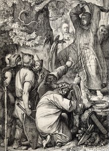 Reprezentace svatého Bonifáce z Mohuče (680-754), který kácí Thorův dub, aby přesvědčil druidy, že to není posvátný strom (Svatý Bonifác (Bonifacius) ničící Thorův dub (Donarův nebo Jovův dub) posvátný strom germánských pohanů, převést na