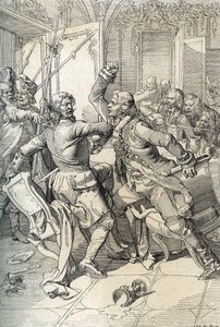 Streltsyho povstání: zatčení členů streleckých pluků (strelců) po jejich pozvednutí v roce 1698 proti pokrokovým inovacím cara Petra Velikého, Rusko (Streltsyho povstání: podezřelí členové moskevských streleckých pluků zatčeni po Streltsy u od Peter Johann Nepomuck Geiger