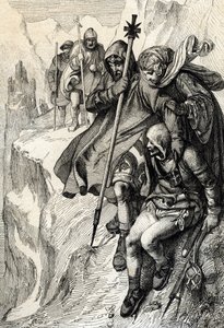 Král Římanů Jindřich IV. kolem průsmyku Mount Cenis, aby překročil Alpy a jel k hraběnce Mathilde z Toskánska do Canossa, kde papež Gregoire VII., leden 1077“ (Henry IV přešel přes Alpy průsmykem Mont Cenis, aby se dostal k hradu Canossa a od Peter Johann Nepomuck Geiger