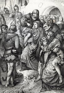 Věrné ženy z Weinsbergu (Treue Weiber von Weinsberg): manželky vojáků poražených při obléhání Weinsbergu Konrádem III. z Hohenstaufenu v roce 1140 nesou své manžely na zádech, Německo (Věrné manželky během obléhání Weinsbergu