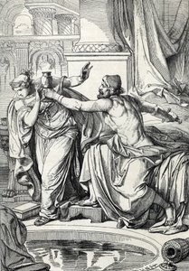 Gepid princezna Rosemonde (zemřela 572) a její milenec vrah jejího manžela krále Alboina se otrávili stejným pohárem jedu, 572 (Gepid princezna Rosamund (nebo Rosamunde) a její milenec se zabili stejným pohárem jedu, 572) Kresba A od Peter Johann Nepomuck Geiger