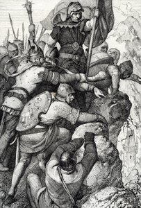 Vojska Othona I. z Baviere (1117-1183) u Verony v Itálii 1155 (Otto I., vévoda bavorský a jeho armáda u Verony, Itálie 1155) Kresba peří z „Historische Memorabilian des In-und Auslandes““ (Historické suvenýry) od Antona Zieglera od Peter Johann Nepomuck Geiger