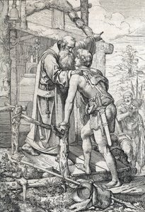 Mladý Odoacre (asi 433-493) přijímající požehnání Severina, Apotre de Norique, ca. 470 (Odoacer se setkává s mnichem Severinem z Noricum, který ho dozví, že se jednoho dne stane slavným, 470 ca) Kreslení pera nakresleného z „“ Historische Memorabilian des od Peter Johann Nepomuck Geiger