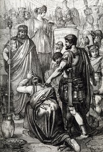 Vandalská válka: „“Vzdání krále vandalů Gelimer klečí před byzantským generálem Belisairem (500-565) v březnu 534, Kartágo, Afrika“ (Vandalová válka: vandalský král Gelimer se vzdává generálu Belisariovi, 534, Afrika) Kresba nakreslené pero od Peter Johann Nepomuck Geiger