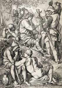Válka proti Vikingům: „“ Král Wessexu Alfréd I. Veliký (846-899) v přestrojení za harfistu vstupuje do tábora Guthrum, aby vyvrátil své bitevní plány, Somerset 878 (král Alfréd Veliký, převlečený za hudebníka, sleduje situaci nepřítel v Danis od Peter Johann Nepomuck Geiger