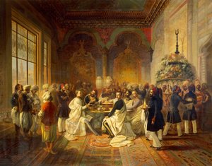 Oběd zajišťuje ve Smyrně Halim Pasha, ilustrace z Cesty Maxmiliána Habsburského a jeho bratra Karla Ludvíka po Středomoří, Peter Johann Nepomuk Geiger