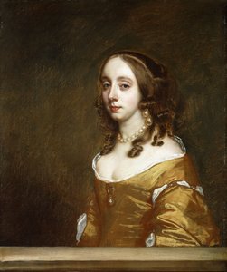 Portrét dámy z Popham Family, poloviční, za křídlem, v oranžových šatech, od Peter Lely
