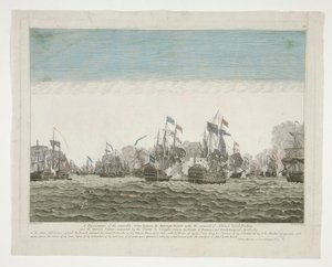 Reprezentace památné akce mezi britskou flotilou pod velením admirála lorda Rodneyho a francouzskou flotilou pod velením hraběte de Graffe mezi ostrovy Domenica a Guadaloupe 12. dubna 1782